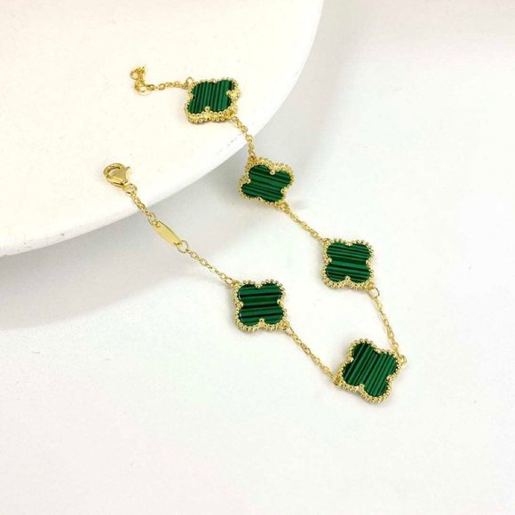 Malachite 18k YG plated Silver Clover bracelet - Picture 4 of 4